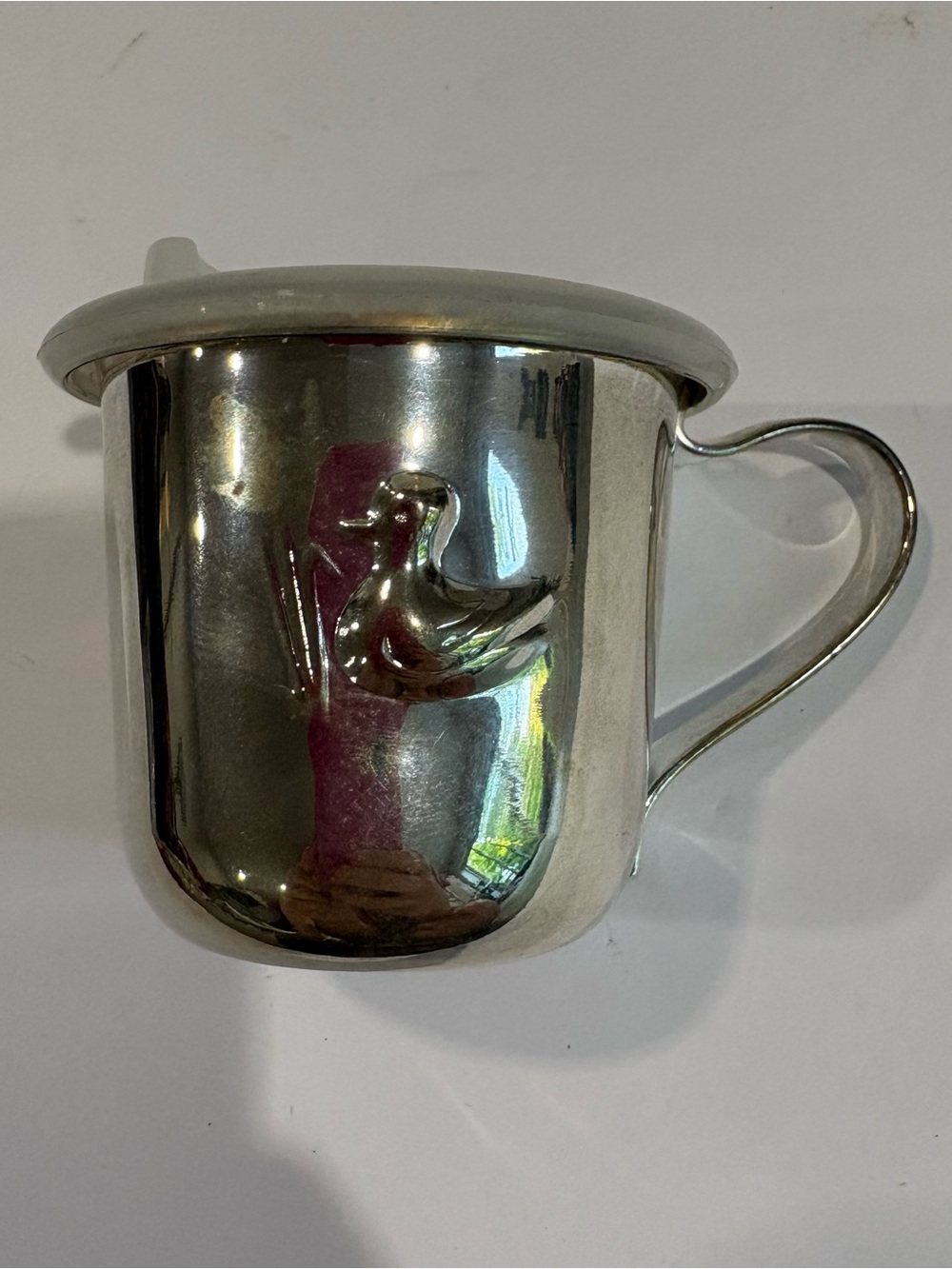 Vintage Silver Plated Baby Sippy Cup Duck Embossed with Lid